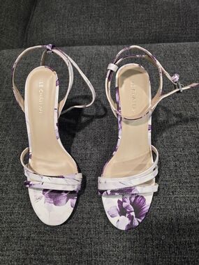 le chateau White and Purple Floral Strappy Ankle-Heel Sandals